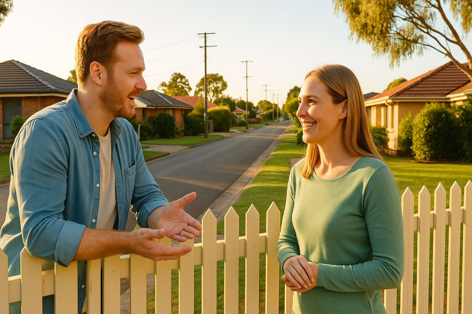 Two neighbours chatting at a front gate in a sunny suburban street, representing how Mind For Me makes it easy to ask for help.