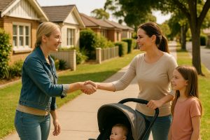 A neighbour offering a helping hand to a parent on a suburban footpath, illustrating how Mind For Me helps people ask for support without hesitation.