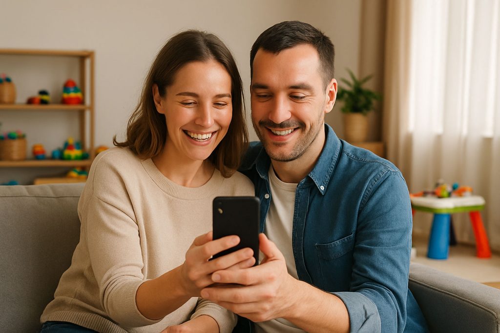 Couple easily using the phone and family room in the background