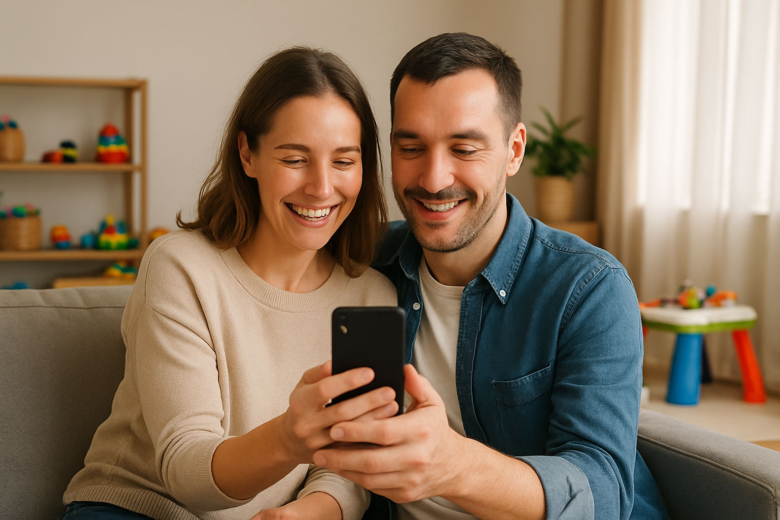 Couple easily using the phone and family room in the background