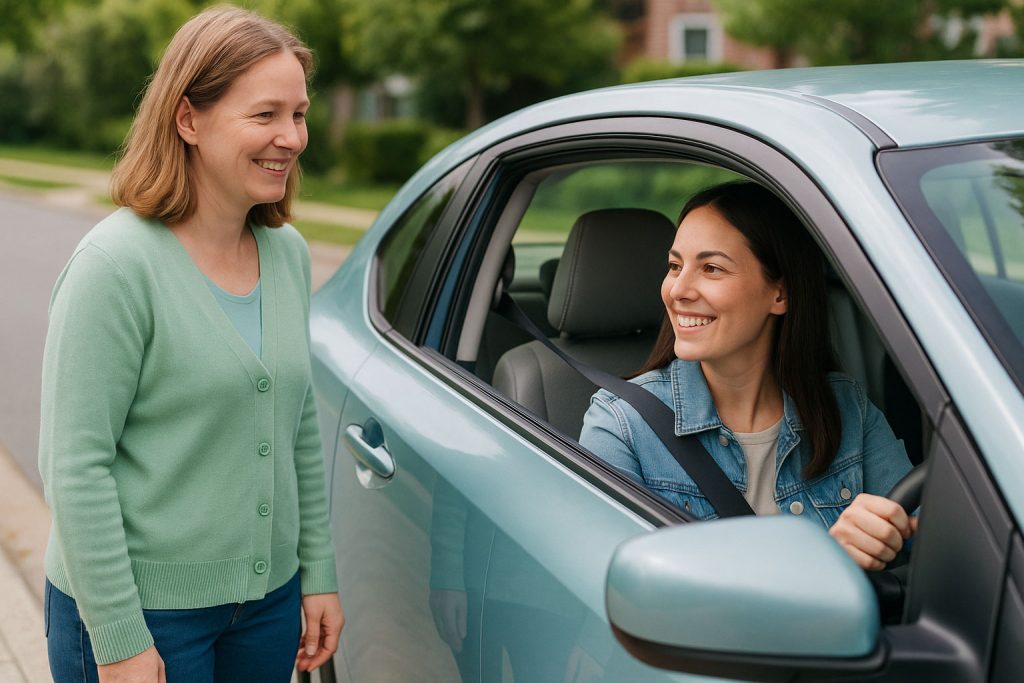 Hàng xóm chào đón bạn tại xe đỗ, thể hiện sự kết nối thân thiện và đáng tin cậy.