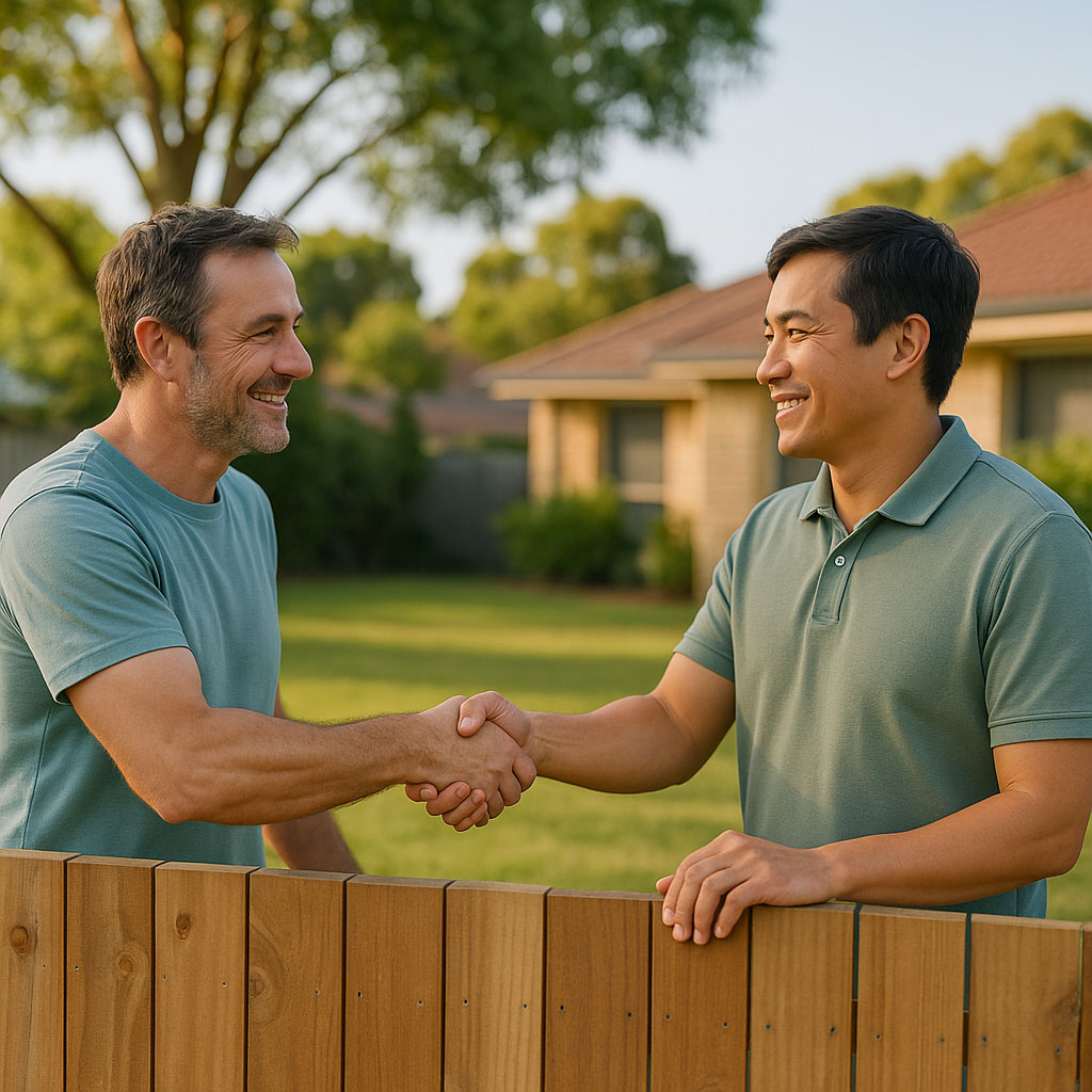 Two neighbours shaking hands over a wooden fence in a sunny backyard, representing community trust and cooperation.