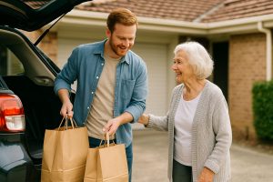 Man helping elderly lady with heavy groceries