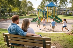Couple minding children as they play at a park