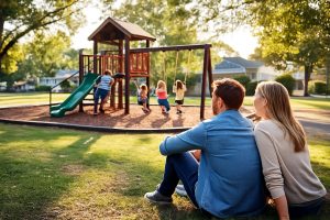 Couple minding children as they play at a park