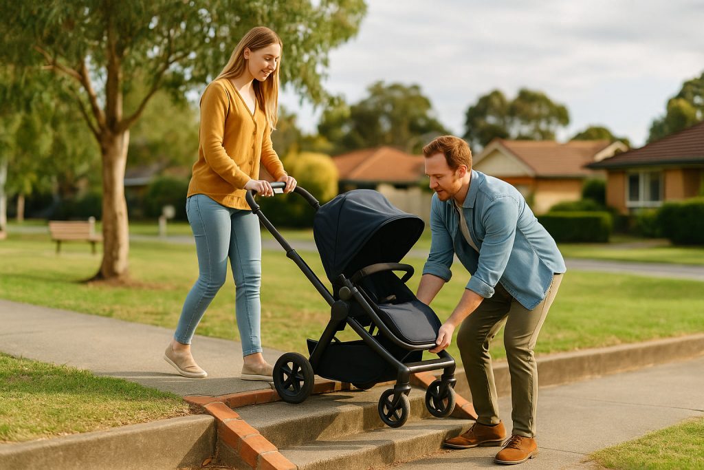 Man helping a lady with getting her pram down stairs