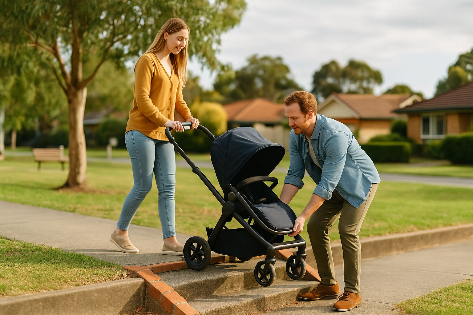 Man helping a lady with getting her pram down stairs