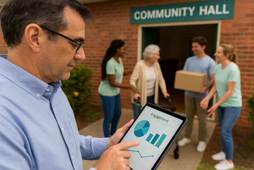 Điều phối viên cộng đồng xem thông tin chi tiết về hoạt động trong khi các thành viên tham gia gần đó, đại diện cho mạng lưới hỗ trợ đang phát triển.
