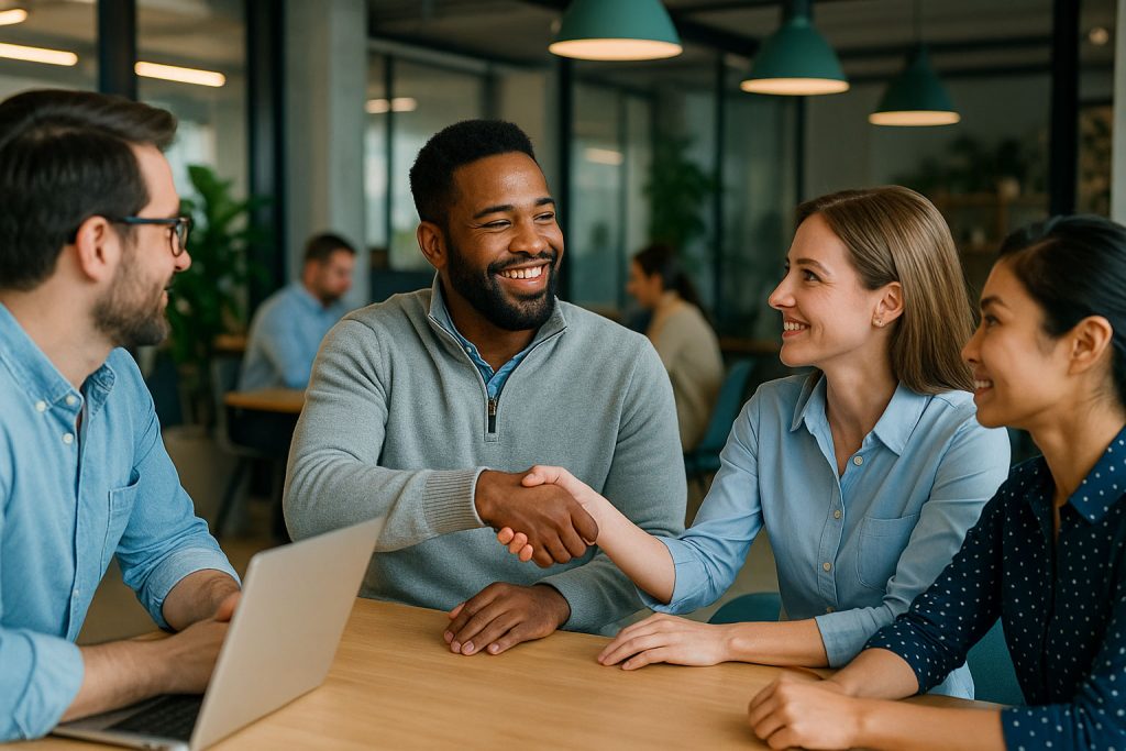 Bắt tay nhà tuyển dụng trước sàn hoạt động bận rộn, đại diện cho đầu tư vào sức khỏe nhân viên