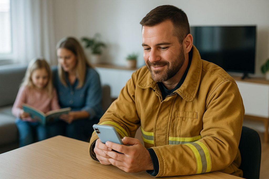 Lính cứu hỏa sử dụng ứng dụng di động tại nhà với gia đình ở phía sau