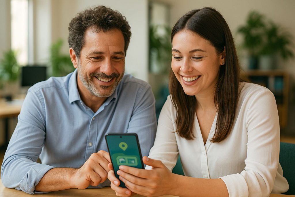 Đồng nghiệp cùng nhau cười khi một người chỉ cho người kia cách ứng dụng Mind For Me kết nối họ với sự hỗ trợ địa phương.