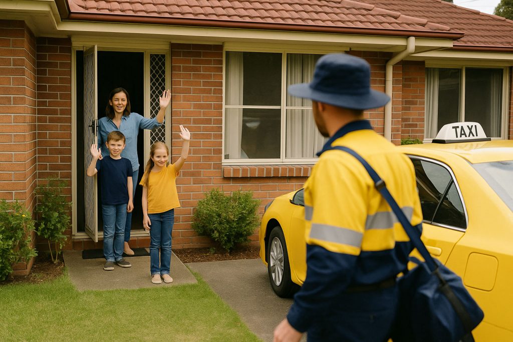 Một gia đình ở nhà vẫy tay chào tạm biệt người phối ngẫu FIFO trước khi đi làm xa