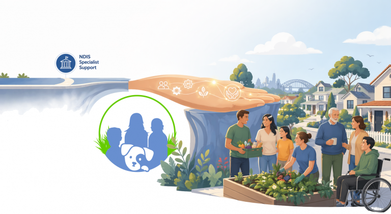 A conceptual illustration showing Mind For Me bridging the gap between NDIS funded supports and everyday community connection for people with disability in Australia