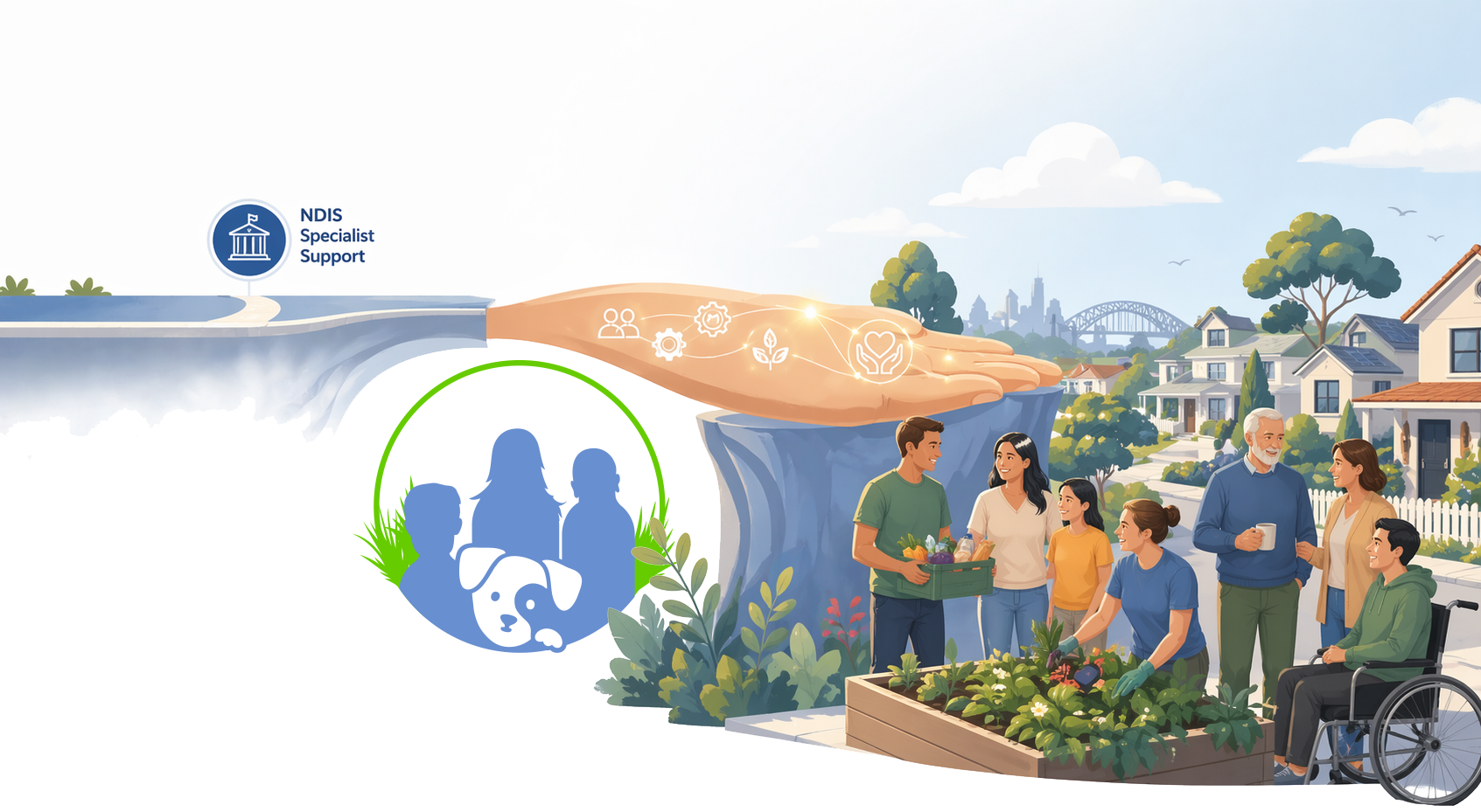 A conceptual illustration showing Mind For Me bridging the gap between NDIS funded supports and everyday community connection for people with disability in Australia