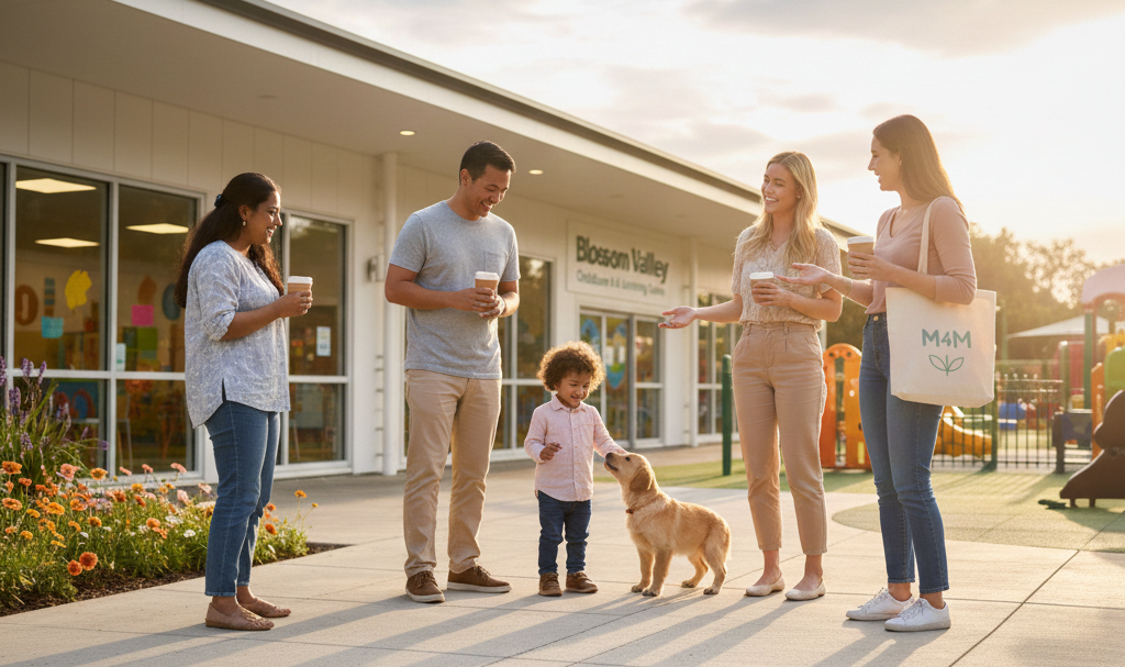 Families meeting each other outside a Childcare & Early Learning Centre