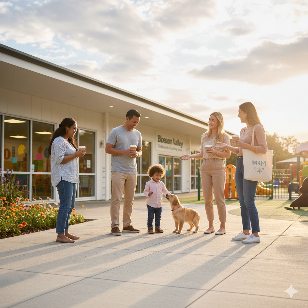 Families meeting each other outside a Childcare & Early Learning Centre